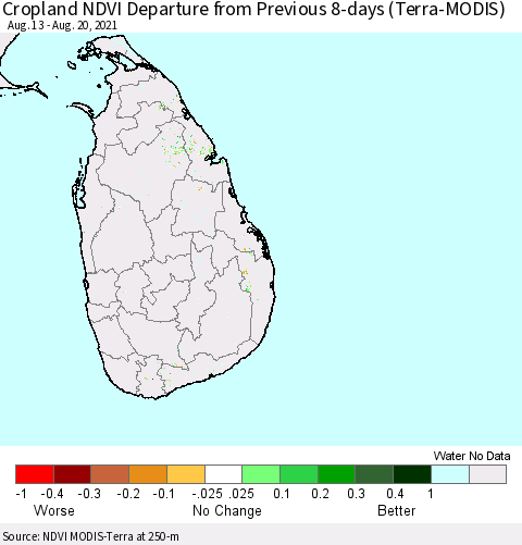 Sri Lanka Cropland NDVI Departure from Previous Dekad (Terra-MODIS) Thematic Map For 8/11/2021 - 8/20/2021