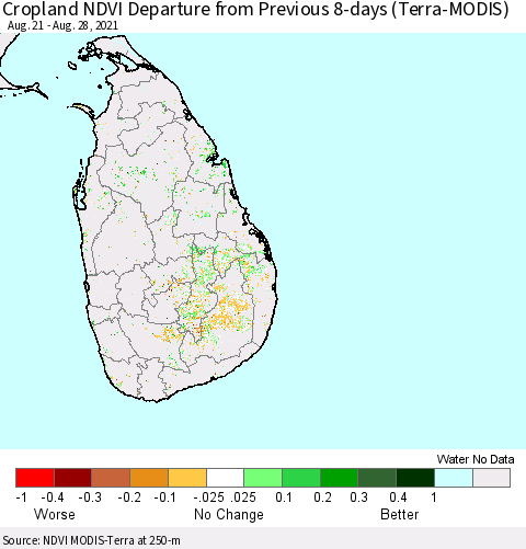 Sri Lanka Cropland NDVI Departure from Previous 8-days (Terra-MODIS) Thematic Map For 8/21/2021 - 8/28/2021