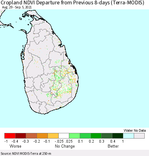 Sri Lanka Cropland NDVI Departure from Previous 8-days (Terra-MODIS) Thematic Map For 8/29/2021 - 9/5/2021