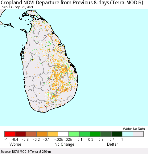 Sri Lanka Cropland NDVI Departure from Previous 8-days (Terra-MODIS) Thematic Map For 9/14/2021 - 9/21/2021