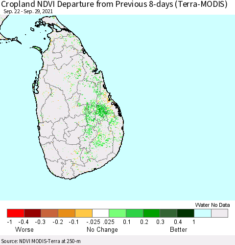 Sri Lanka Cropland NDVI Departure from Previous 8-days (Terra-MODIS) Thematic Map For 9/22/2021 - 9/29/2021