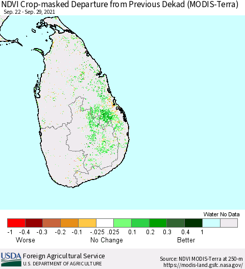 Sri Lanka Cropland NDVI Departure from Previous Dekad (Terra-MODIS) Thematic Map For 9/21/2021 - 9/30/2021