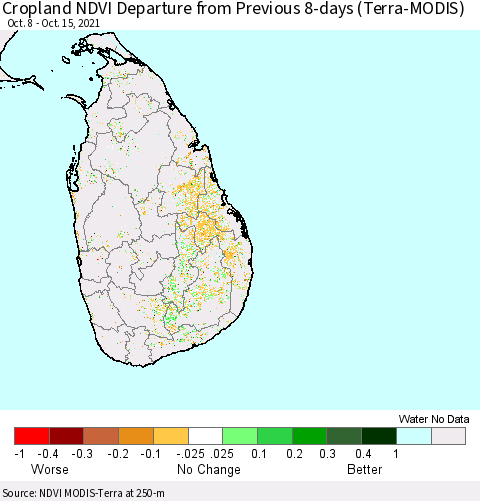 Sri Lanka Cropland NDVI Departure from Previous 8-days (Terra-MODIS) Thematic Map For 10/8/2021 - 10/15/2021