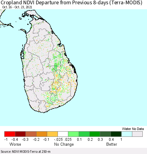 Sri Lanka Cropland NDVI Departure from Previous 8-days (Terra-MODIS) Thematic Map For 10/16/2021 - 10/23/2021