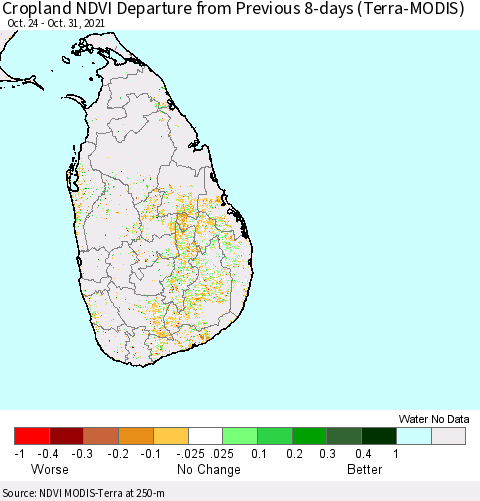 Sri Lanka NDVI Crop-masked Departure from Previous Dekad (MODIS-Terra) Thematic Map For 10/21/2021 - 10/31/2021