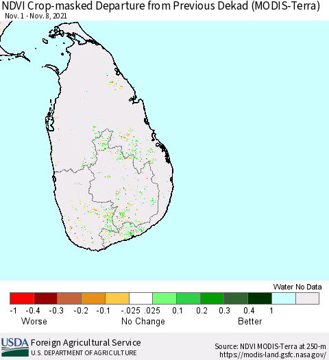 Sri Lanka Cropland NDVI Departure from Previous Dekad (Terra-MODIS) Thematic Map For 11/1/2021 - 11/10/2021