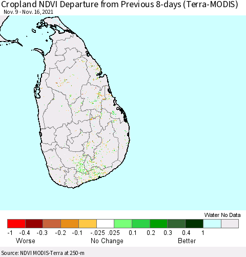 Sri Lanka Cropland NDVI Departure from Previous 8-days (Terra-MODIS) Thematic Map For 11/9/2021 - 11/16/2021