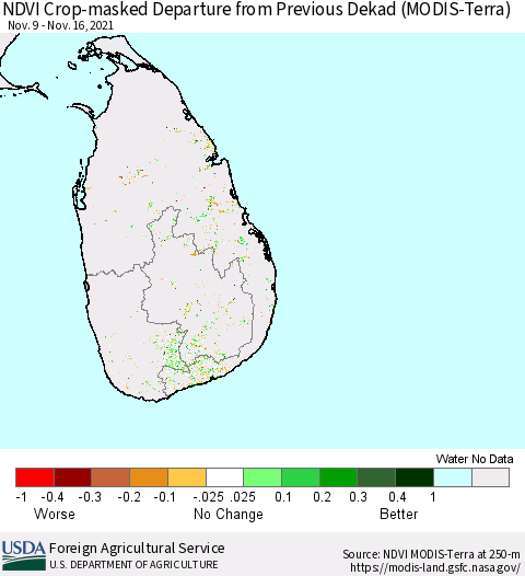 Sri Lanka Cropland NDVI Departure from Previous Dekad (Terra-MODIS) Thematic Map For 11/11/2021 - 11/20/2021