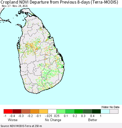 Sri Lanka Cropland NDVI Departure from Previous 8-days (Terra-MODIS) Thematic Map For 11/17/2021 - 11/24/2021