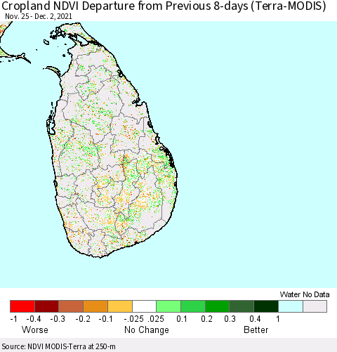 Sri Lanka Cropland NDVI Departure from Previous 8-days (Terra-MODIS) Thematic Map For 11/25/2021 - 12/2/2021