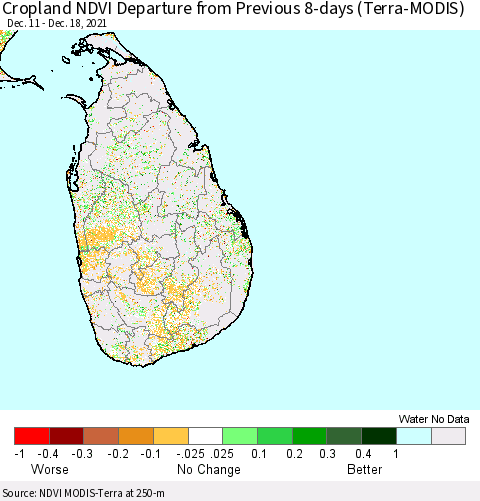 Sri Lanka Cropland NDVI Departure from Previous 8-days (Terra-MODIS) Thematic Map For 12/11/2021 - 12/18/2021