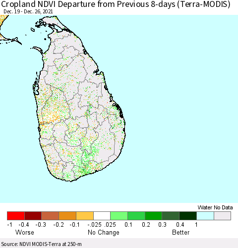 Sri Lanka Cropland NDVI Departure from Previous 8-days (Terra-MODIS) Thematic Map For 12/19/2021 - 12/26/2021