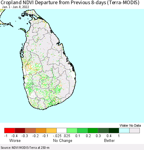 Sri Lanka Cropland NDVI Departure from Previous 8-days (Terra-MODIS) Thematic Map For 1/1/2022 - 1/8/2022