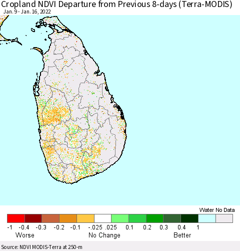 Sri Lanka Cropland NDVI Departure from Previous 8-days (Terra-MODIS) Thematic Map For 1/9/2022 - 1/16/2022