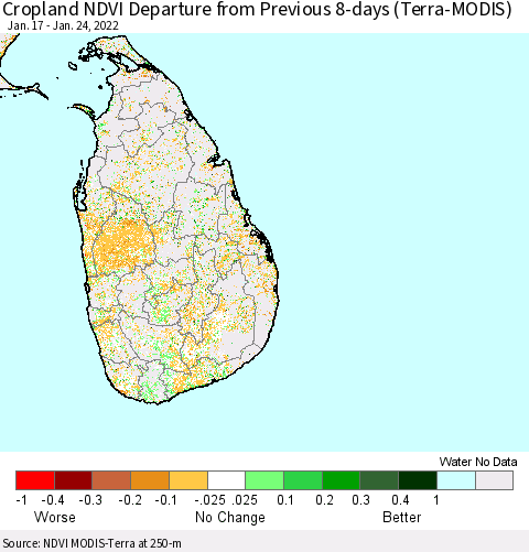 Sri Lanka Cropland NDVI Departure from Previous 8-days (Terra-MODIS) Thematic Map For 1/17/2022 - 1/24/2022