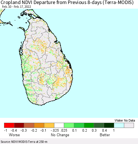 Sri Lanka Cropland NDVI Departure from Previous 8-days (Terra-MODIS) Thematic Map For 2/10/2022 - 2/17/2022
