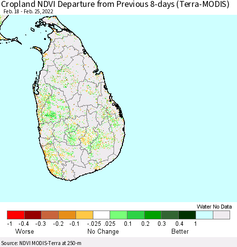 Sri Lanka Cropland NDVI Departure from Previous 8-days (Terra-MODIS) Thematic Map For 2/18/2022 - 2/25/2022