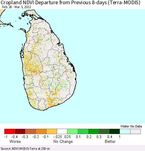 Sri Lanka Cropland NDVI Departure from Previous 8-days (Terra-MODIS) Thematic Map For 2/26/2022 - 3/5/2022