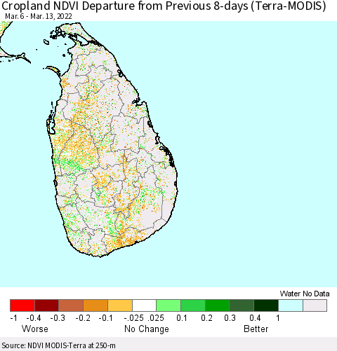 Sri Lanka Cropland NDVI Departure from Previous 8-days (Terra-MODIS) Thematic Map For 3/6/2022 - 3/13/2022