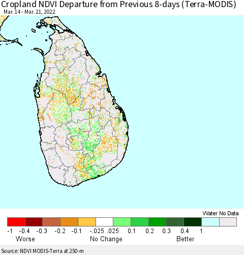 Sri Lanka Cropland NDVI Departure from Previous 8-days (Terra-MODIS) Thematic Map For 3/14/2022 - 3/21/2022