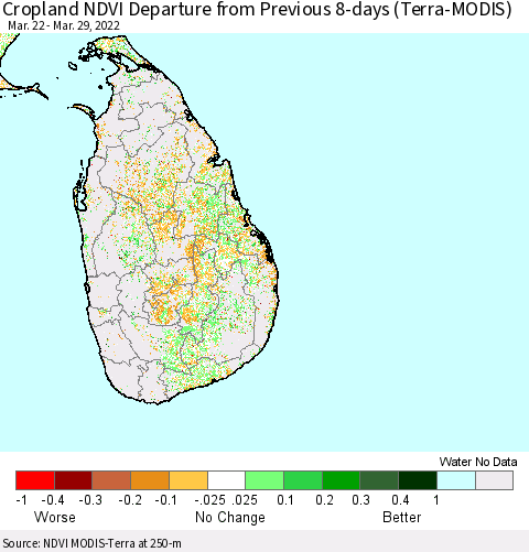 Sri Lanka Cropland NDVI Departure from Previous 8-days (Terra-MODIS) Thematic Map For 3/22/2022 - 3/29/2022