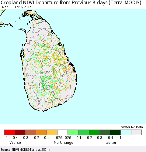 Sri Lanka Cropland NDVI Departure from Previous 8-days (Terra-MODIS) Thematic Map For 3/30/2022 - 4/6/2022
