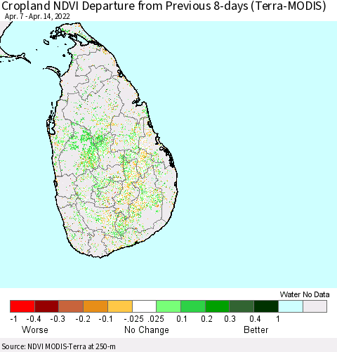 Sri Lanka Cropland NDVI Departure from Previous 8-days (Terra-MODIS) Thematic Map For 4/7/2022 - 4/14/2022