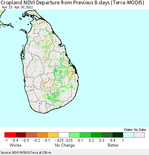 Sri Lanka Cropland NDVI Departure from Previous Dekad (Terra-MODIS) Thematic Map For 4/21/2022 - 4/30/2022