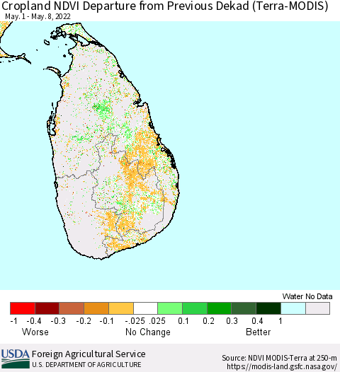 Sri Lanka Cropland NDVI Departure from Previous Dekad (Terra-MODIS) Thematic Map For 5/1/2022 - 5/10/2022