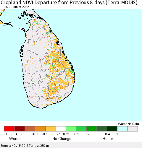 Sri Lanka Cropland NDVI Departure from Previous 8-days (Terra-MODIS) Thematic Map For 6/2/2022 - 6/9/2022