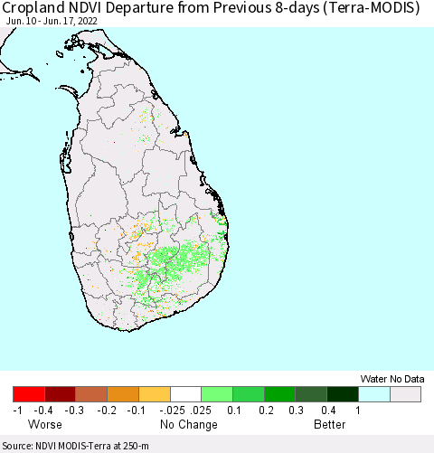 Sri Lanka Cropland NDVI Departure from Previous 8-days (Terra-MODIS) Thematic Map For 6/10/2022 - 6/17/2022