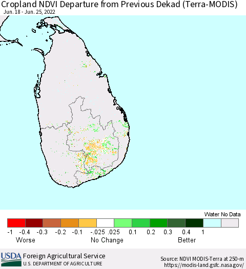 Sri Lanka Cropland NDVI Departure from Previous Dekad (Terra-MODIS) Thematic Map For 6/21/2022 - 6/30/2022