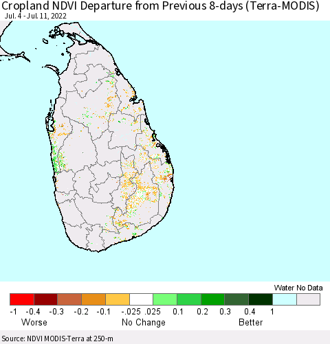 Sri Lanka Cropland NDVI Departure from Previous 8-days (Terra-MODIS) Thematic Map For 7/4/2022 - 7/11/2022