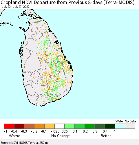 Sri Lanka Cropland NDVI Departure from Previous 8-days (Terra-MODIS) Thematic Map For 7/20/2022 - 7/27/2022