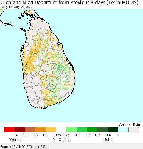 Sri Lanka Cropland NDVI Departure from Previous Dekad (Terra-MODIS) Thematic Map For 8/11/2022 - 8/20/2022