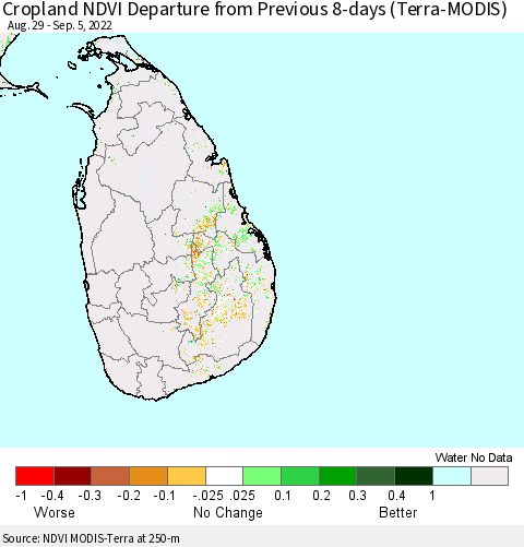 Sri Lanka Cropland NDVI Departure from Previous 8-days (Terra-MODIS) Thematic Map For 8/29/2022 - 9/5/2022
