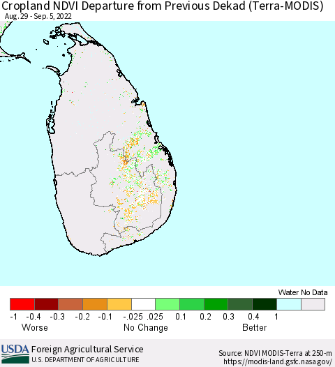 Sri Lanka Cropland NDVI Departure from Previous Dekad (Terra-MODIS) Thematic Map For 9/1/2022 - 9/10/2022