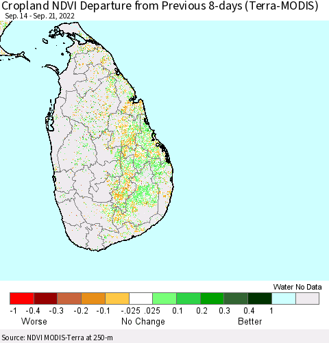 Sri Lanka Cropland NDVI Departure from Previous 8-days (Terra-MODIS) Thematic Map For 9/14/2022 - 9/21/2022
