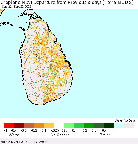 Sri Lanka Cropland NDVI Departure from Previous 8-days (Terra-MODIS) Thematic Map For 9/22/2022 - 9/29/2022