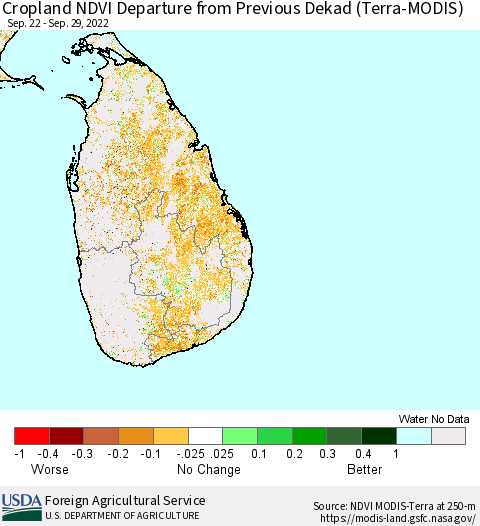 Sri Lanka Cropland NDVI Departure from Previous Dekad (Terra-MODIS) Thematic Map For 9/21/2022 - 9/30/2022