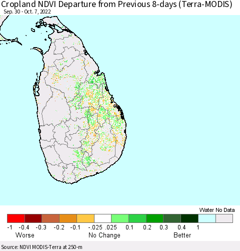 Sri Lanka Cropland NDVI Departure from Previous 8-days (Terra-MODIS) Thematic Map For 9/30/2022 - 10/7/2022
