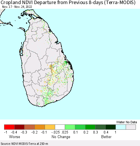 Sri Lanka Cropland NDVI Departure from Previous 8-days (Terra-MODIS) Thematic Map For 11/17/2022 - 11/24/2022