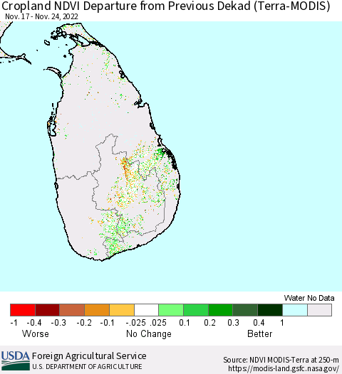 Sri Lanka Cropland NDVI Departure from Previous Dekad (Terra-MODIS) Thematic Map For 11/21/2022 - 11/30/2022