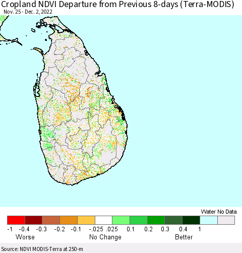 Sri Lanka Cropland NDVI Departure from Previous 8-days (Terra-MODIS) Thematic Map For 11/25/2022 - 12/2/2022