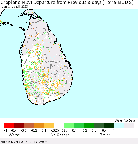 Sri Lanka Cropland NDVI Departure from Previous 8-days (Terra-MODIS) Thematic Map For 1/1/2023 - 1/8/2023