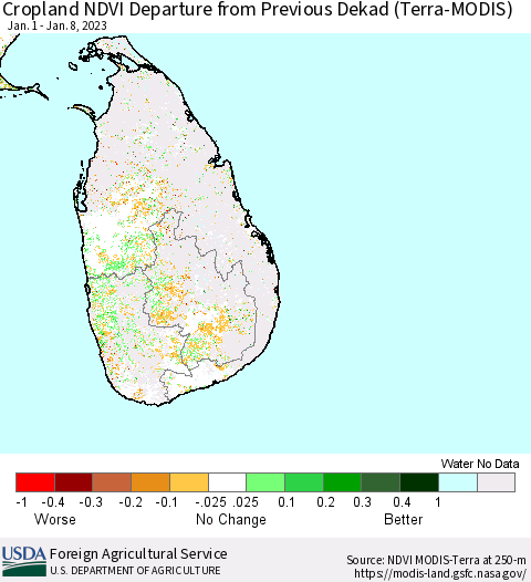 Sri Lanka Cropland NDVI Departure from Previous Dekad (Terra-MODIS) Thematic Map For 1/1/2023 - 1/10/2023
