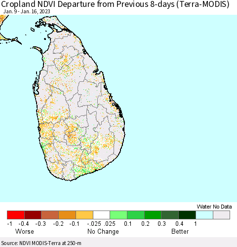Sri Lanka Cropland NDVI Departure from Previous 8-days (Terra-MODIS) Thematic Map For 1/9/2023 - 1/16/2023