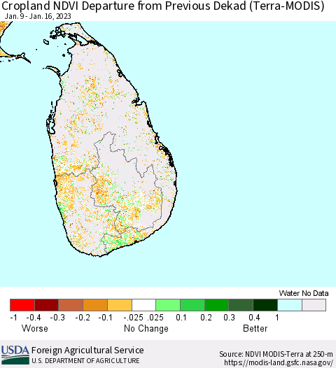Sri Lanka Cropland NDVI Departure from Previous Dekad (Terra-MODIS) Thematic Map For 1/11/2023 - 1/20/2023