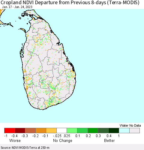 Sri Lanka Cropland NDVI Departure from Previous 8-days (Terra-MODIS) Thematic Map For 1/17/2023 - 1/24/2023