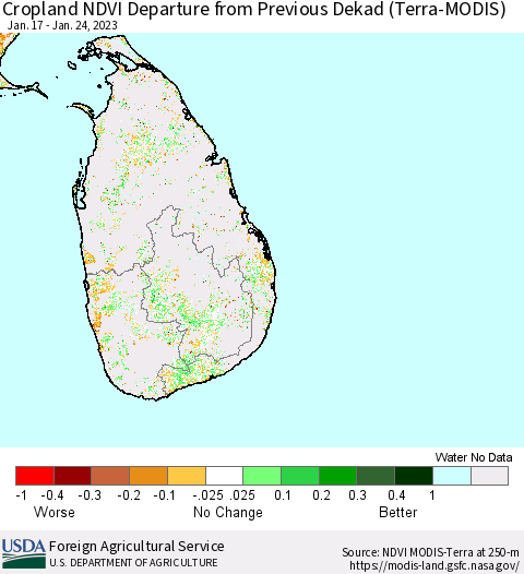 Sri Lanka Cropland NDVI Departure from Previous Dekad (Terra-MODIS) Thematic Map For 1/21/2023 - 1/31/2023